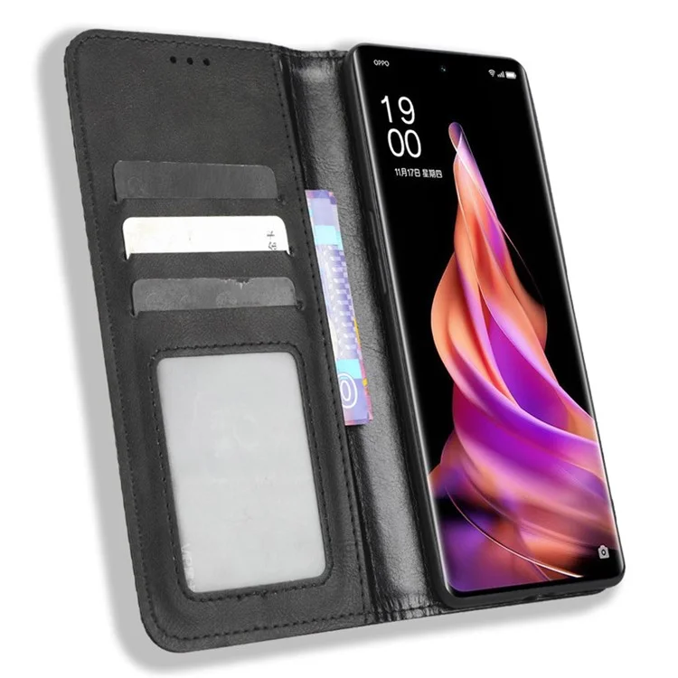 Para Oppo Reno9 Pro+ 5G Capa de Telefone Magnética de Fechamento Automático, Suporte de Visualização, Textura Retrô Impressa, Padrão PU Leather Flip Wallet Phone Cover - Preto