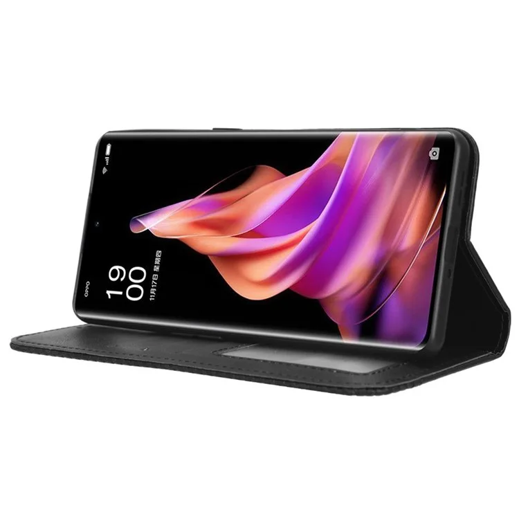 Para Oppo Reno9 Pro+ 5G Capa de Telefone Magnética de Fechamento Automático, Suporte de Visualização, Textura Retrô Impressa, Padrão PU Leather Flip Wallet Phone Cover - Preto