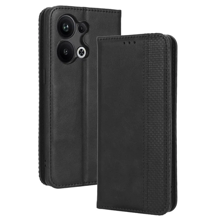 Para Oppo Reno9 Pro+ 5G Capa de Telefone Magnética de Fechamento Automático, Suporte de Visualização, Textura Retrô Impressa, Padrão PU Leather Flip Wallet Phone Cover - Preto