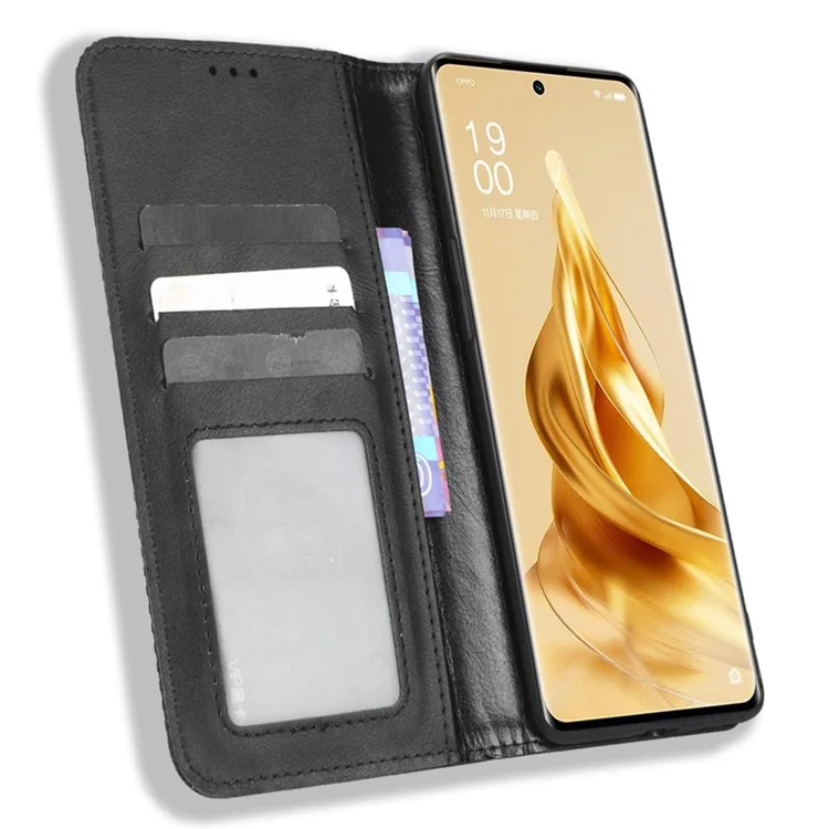 Per Oppo Reno9 5G / Reno9 Pro 5G Custodia Flip per Telefono, Protezione Completa Magnetica con Chiusura Automatica, Retrò Texture Impresso Modello PU Pelle Portafoglio Cover - Nero