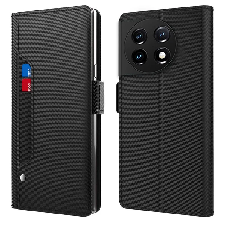 Capa Anti-queda para OnePlus 11 5G, Couro PU+TPU Suporte Dobrável Porta-cartões Magnético Capa de Telefone com Espelho de Maquiagem - Preto