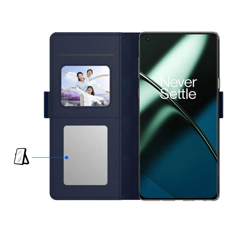 Capa Anti-queda para OnePlus 11 5G, Couro PU+TPU Suporte Dobrável Porta-cartões Magnético Capa de Telefone com Espelho de Maquiagem - Preto