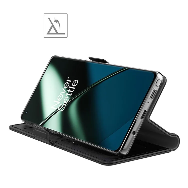 Capa Anti-queda para OnePlus 11 5G, Couro PU+TPU Suporte Dobrável Porta-cartões Magnético Capa de Telefone com Espelho de Maquiagem - Preto