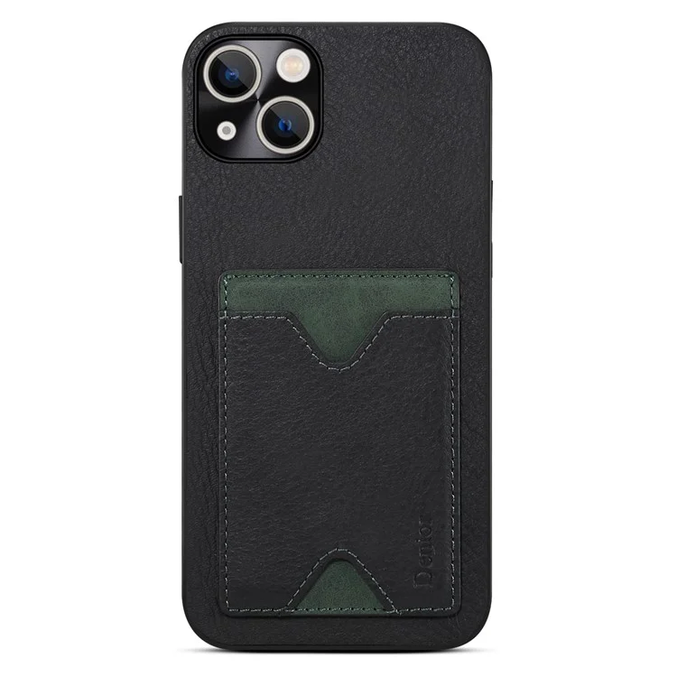 For iPhone 13 6.1 inch Cowhide Leather Coated TPU Precise Cutout Phone Case Magnetic Card Slot Kickstand Cover - Black