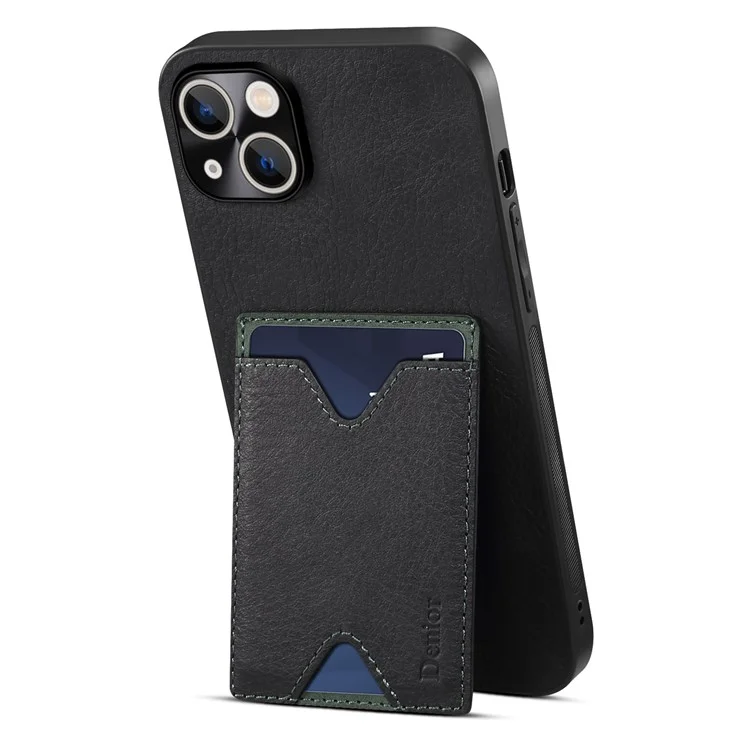 For iPhone 13 6.1 inch Cowhide Leather Coated TPU Precise Cutout Phone Case Magnetic Card Slot Kickstand Cover - Black