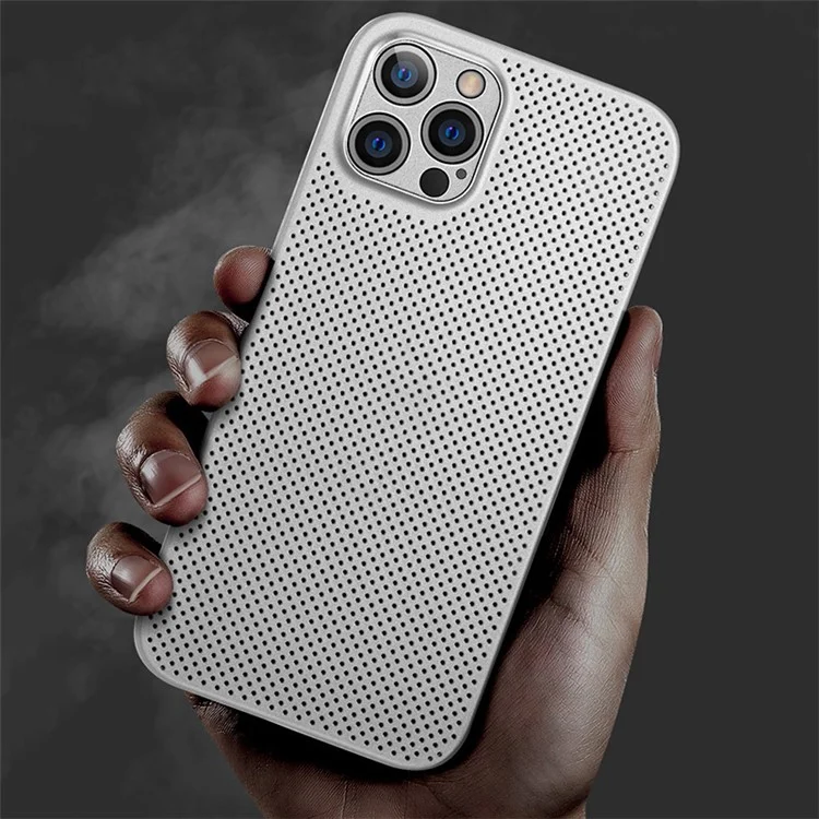 For iPhone 12 Pro Max 6.7 inch Ultra Thin Breathable Hollow Hole Heat Dissipation Mesh Back Cover Shock-absorbing PP Phone Case - White