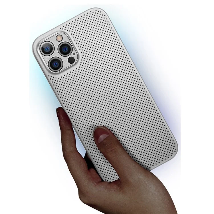 For iPhone 12 Pro Max 6.7 inch Ultra Thin Breathable Hollow Hole Heat Dissipation Mesh Back Cover Shock-absorbing PP Phone Case - White