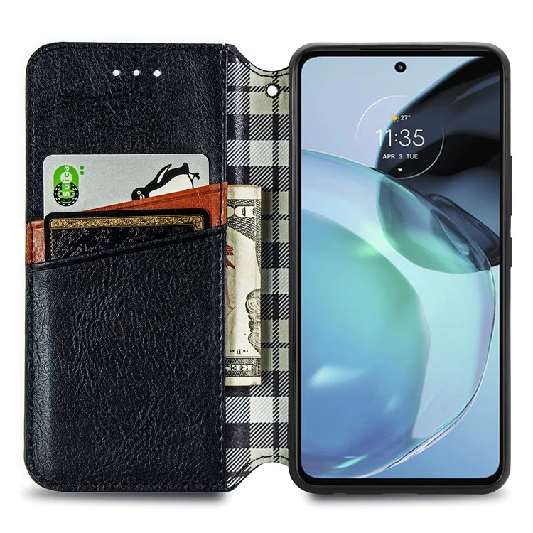 Ударопрочный чехол из искусственной кожи PU для Motorola Moto G72 4G, магнитный всасывающий ромбовидный тиснёный кошелёк-чехол - чёрный