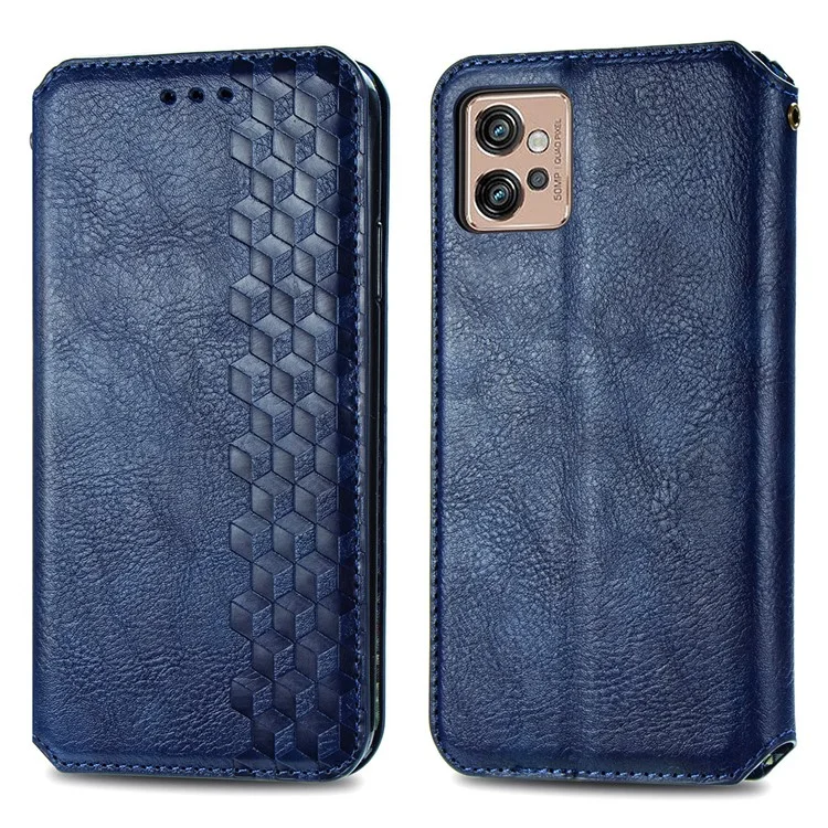 Capa de telefone com fecho magnético para Motorola Moto G32 4G, caso de carteira de couro PU com impressão em losango - Azul