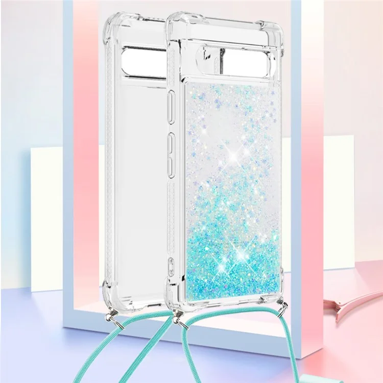 For Google Pixel 7a 5G TPU Case Quicksand Design Phone Cover with Lanyard - Blue / Pentagram
