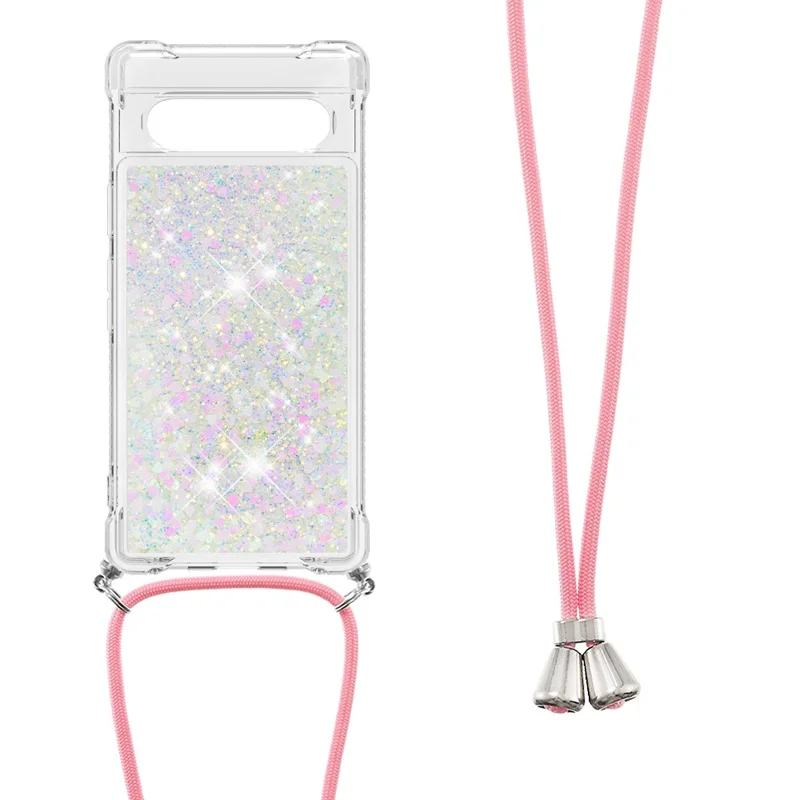 For Google Pixel 7a 5G TPU Case Quicksand Design Phone Cover with Lanyard - Laser / Hearts