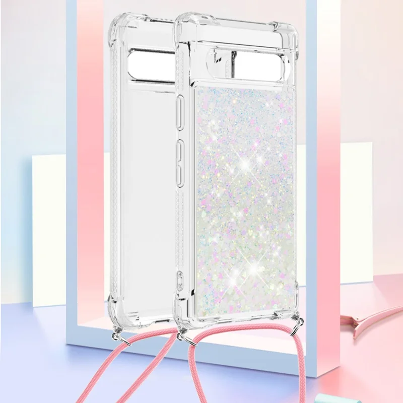 For Google Pixel 7a 5G TPU Case Quicksand Design Phone Cover with Lanyard - Laser / Hearts