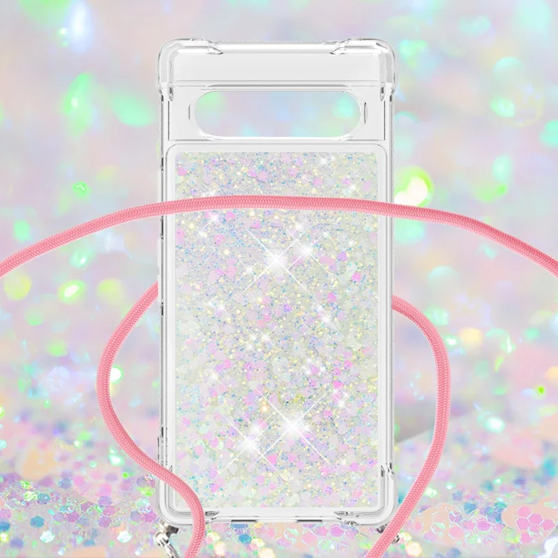 For Google Pixel 7a 5G TPU Case Quicksand Design Phone Cover with Lanyard - Laser / Hearts