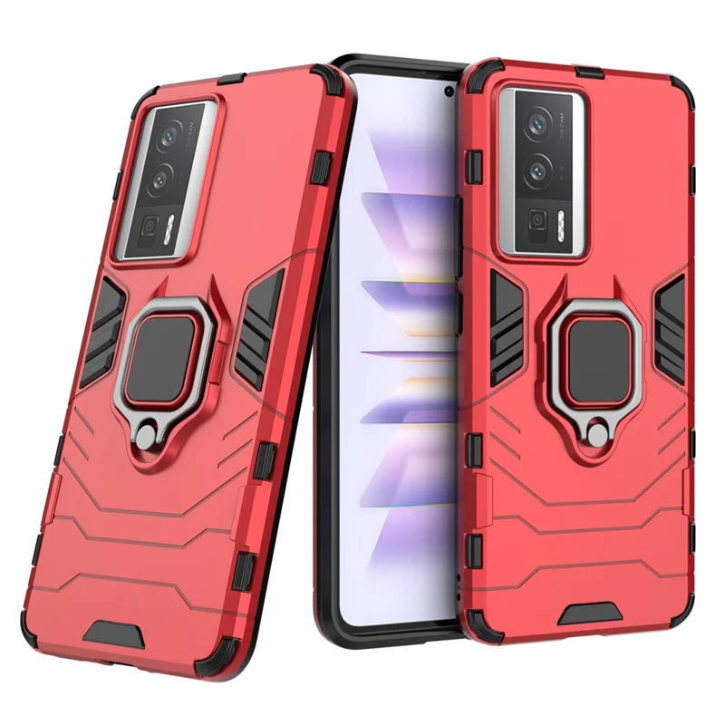 Für Xiaomi Poco F5 Pro 5G / Redmi K60 Pro 5G / K60 5G Handy-Hülle mit Ringhalter, Ständer und stoßfestem Schutz - Rot