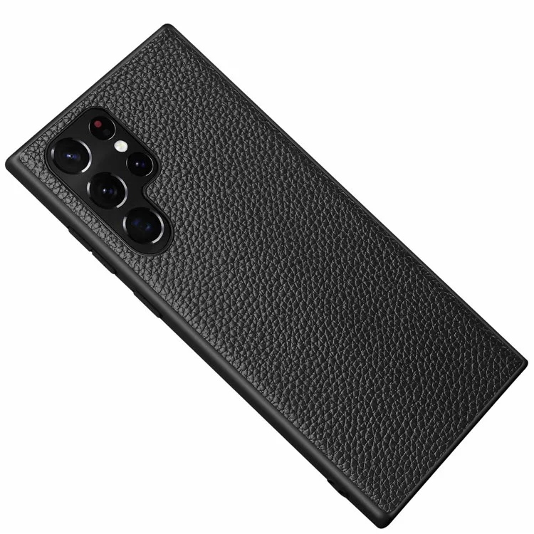 Para Samsung Galaxy S23 Ultra Litchi Texture Phone Case Genuine Leather Coated PC + TPU Hybrid Cover - Preto