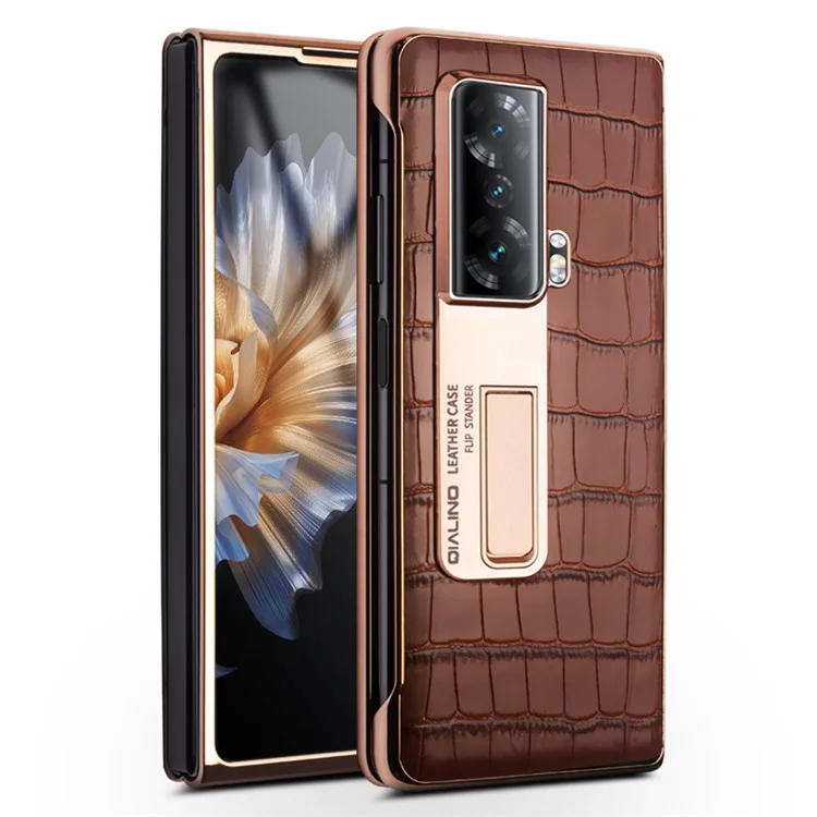 Étui de téléphone anti-chute à fenêtre de visualisation QIALINO pour Honor Magic Vs 5G, étui de téléphone en PC dur + cuir véritable avec support et film en verre trempé - Marron