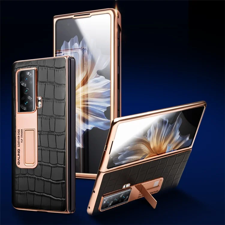 Étui de téléphone anti-chute à fenêtre de visualisation QIALINO pour Honor Magic Vs 5G, étui de téléphone en PC dur + cuir véritable avec support et film en verre trempé - Marron