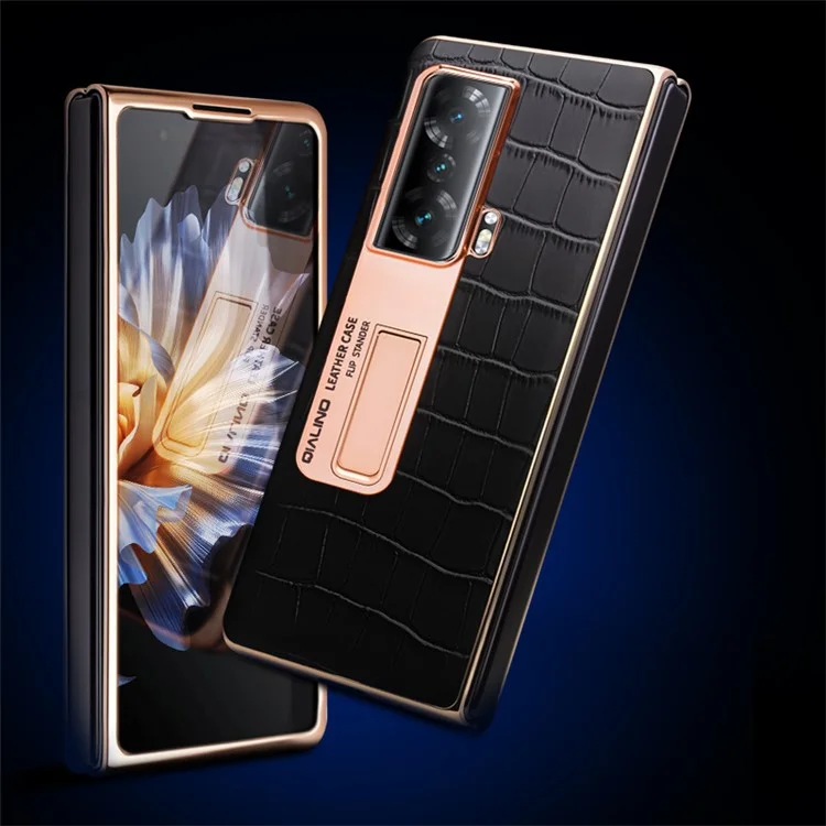 Étui de téléphone anti-chute à fenêtre de visualisation QIALINO pour Honor Magic Vs 5G, étui de téléphone en PC dur + cuir véritable avec support et film en verre trempé - Marron