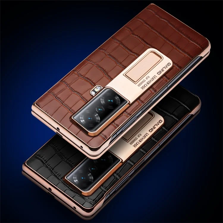 Étui de téléphone anti-chute à fenêtre de visualisation QIALINO pour Honor Magic Vs 5G, étui de téléphone en PC dur + cuir véritable avec support et film en verre trempé - Marron