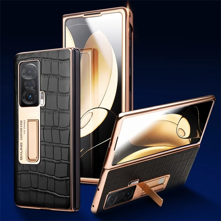 Capa de Telefone Qialino Para Honor Magic V Caixa Hard Hard PC à Prova de Choques Anti-Drop View Window Phone Case With Kickstand - Preto