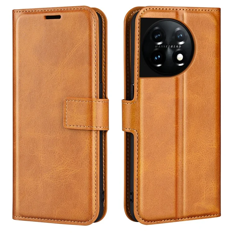 Shockproof Phone Case For OnePlus 11 5G, PU Leather Stand Wallet Calf Texture Square Magnetic Clasp Phone Cover - Yellow