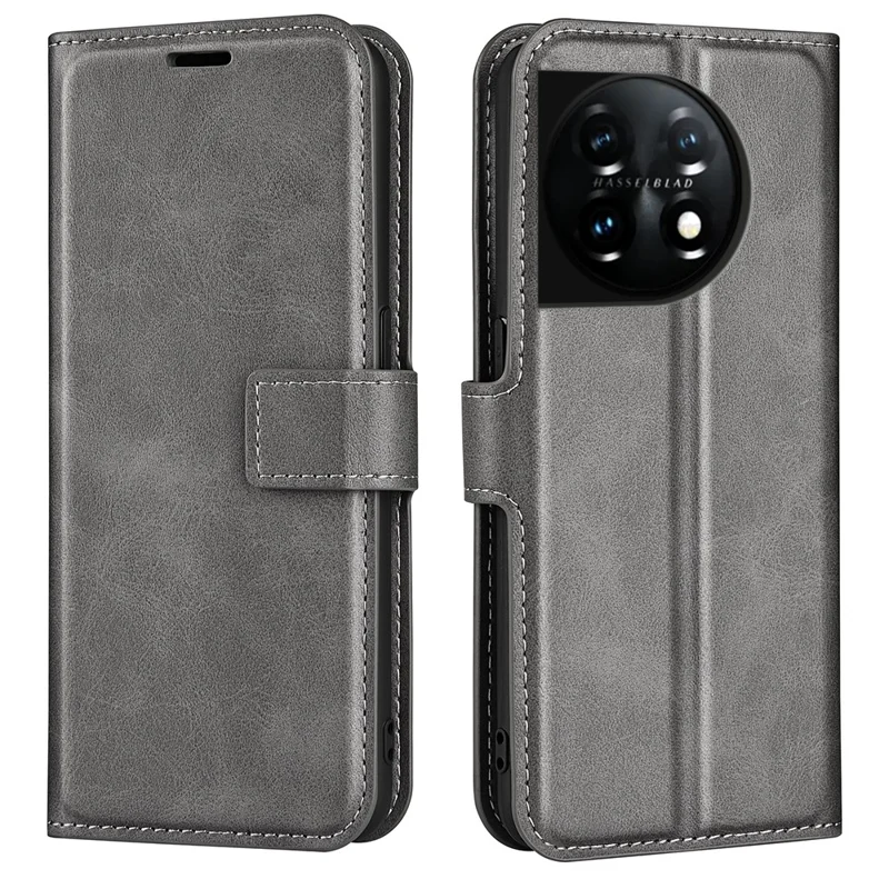 Shockproof Phone Case For OnePlus 11 5G, PU Leather Stand Wallet Calf Texture Square Magnetic Clasp Phone Cover - Grey