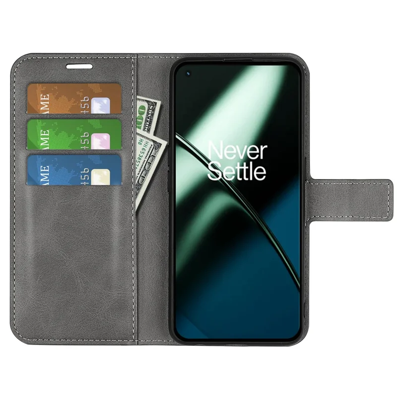 Shockproof Phone Case For OnePlus 11 5G, PU Leather Stand Wallet Calf Texture Square Magnetic Clasp Phone Cover - Grey