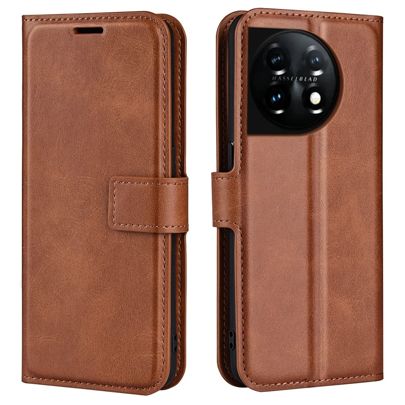 Shockproof Phone Case For OnePlus 11 5G, PU Leather Stand Wallet Calf Texture Square Magnetic Clasp Phone Cover - Light Brown
