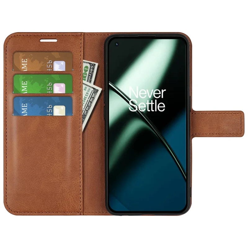 Shockproof Phone Case For OnePlus 11 5G, PU Leather Stand Wallet Calf Texture Square Magnetic Clasp Phone Cover - Light Brown