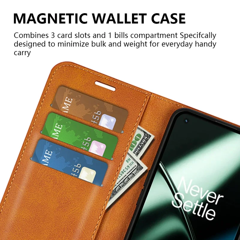 Shockproof Phone Case For OnePlus 11 5G, PU Leather Stand Wallet Calf Texture Square Magnetic Clasp Phone Cover - Light Brown
