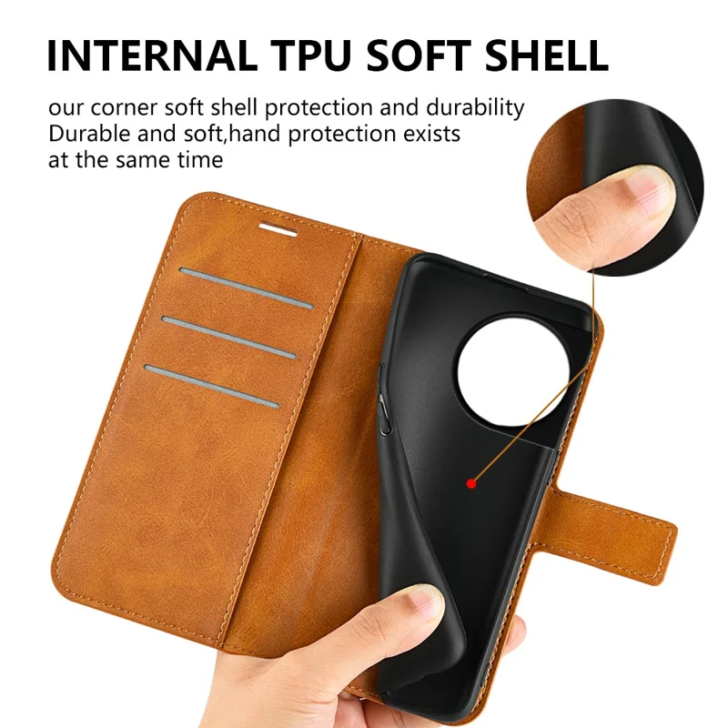 Shockproof Phone Case For OnePlus 11 5G, PU Leather Stand Wallet Calf Texture Square Magnetic Clasp Phone Cover - Light Brown