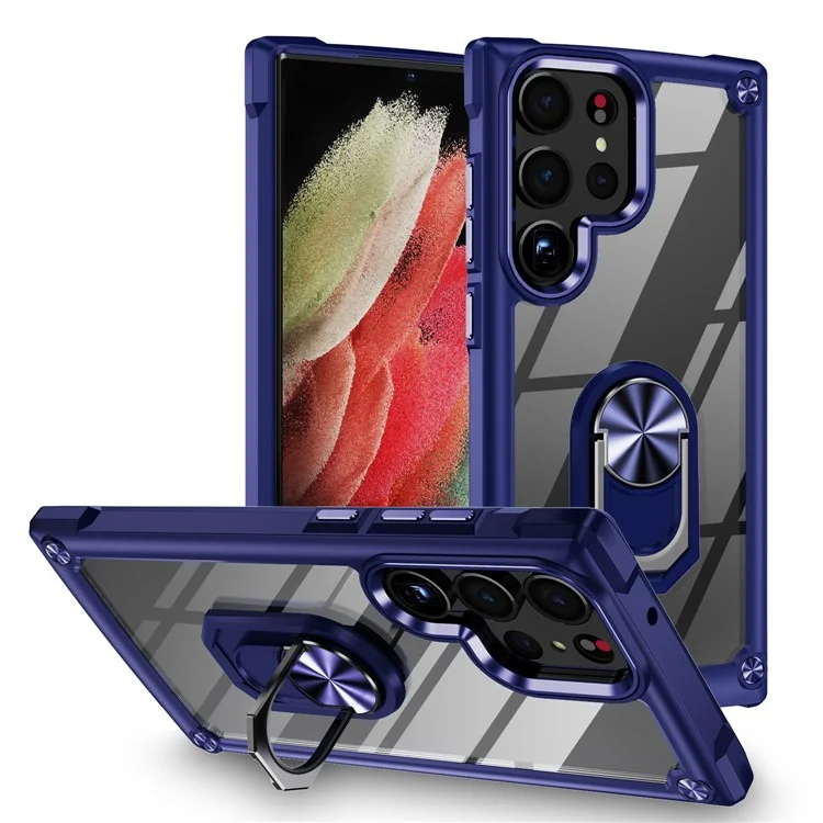 For Samsung Galaxy S23 Ultra Metal Ring Kickstand Protective Case PC + TPU Shockproof Phone Back Cover - Blue