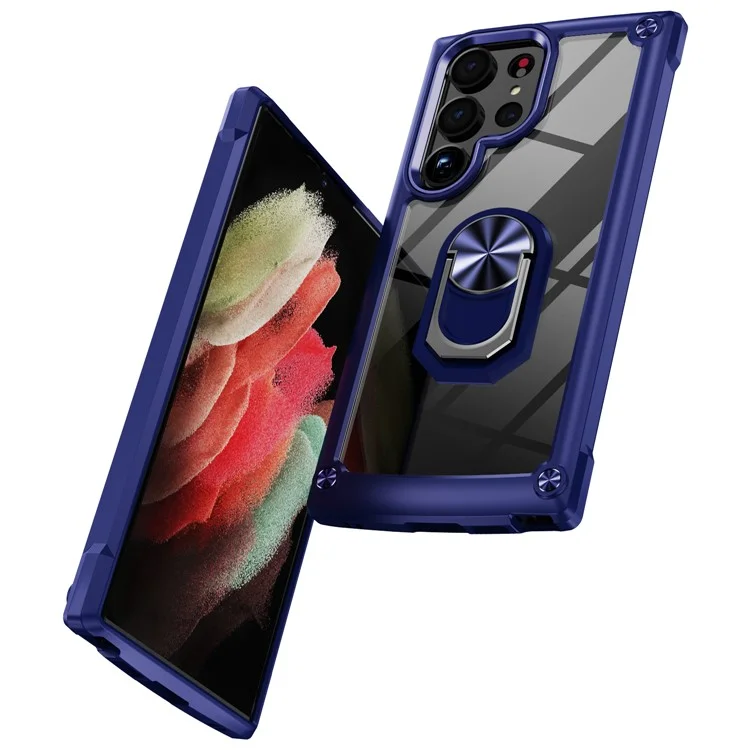 For Samsung Galaxy S23 Ultra Metal Ring Kickstand Protective Case PC + TPU Shockproof Phone Back Cover - Blue
