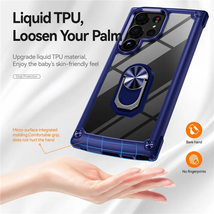 For Samsung Galaxy S23 Ultra Metal Ring Kickstand Protective Case PC + TPU Shockproof Phone Back Cover - Blue
