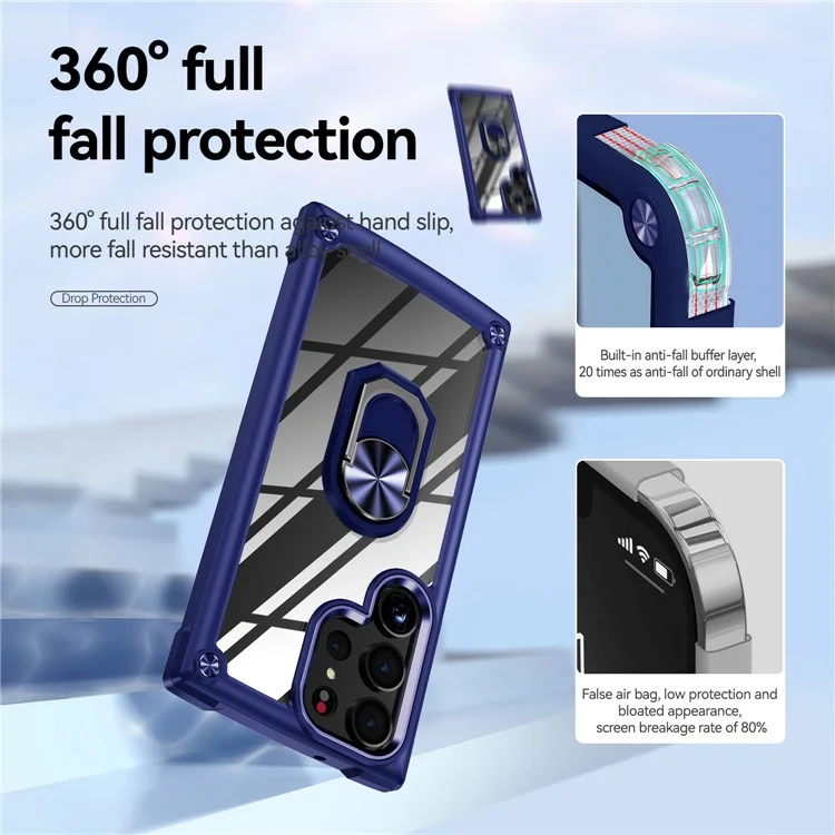 For Samsung Galaxy S23 Ultra Metal Ring Kickstand Protective Case PC + TPU Shockproof Phone Back Cover - Blue
