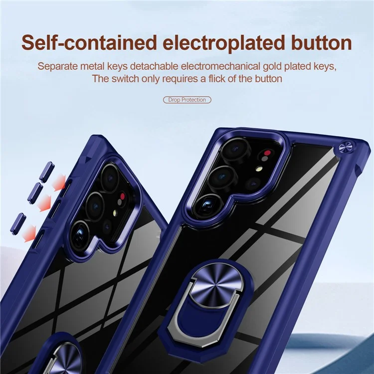 For Samsung Galaxy S23 Ultra Metal Ring Kickstand Protective Case PC + TPU Shockproof Phone Back Cover - Blue