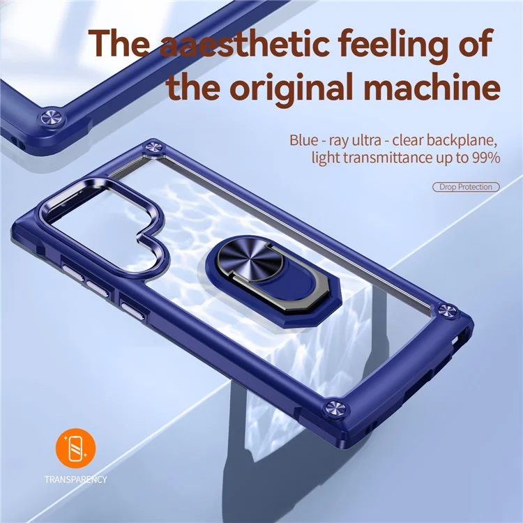For Samsung Galaxy S23 Ultra Metal Ring Kickstand Protective Case PC + TPU Shockproof Phone Back Cover - Blue