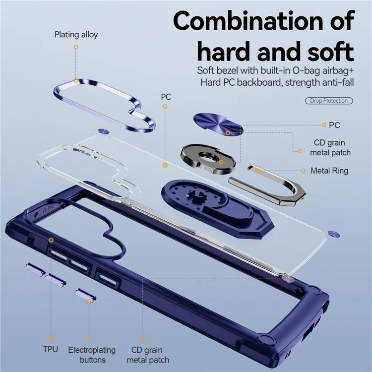For Samsung Galaxy S23 Ultra Metal Ring Kickstand Protective Case PC + TPU Shockproof Phone Back Cover - Blue