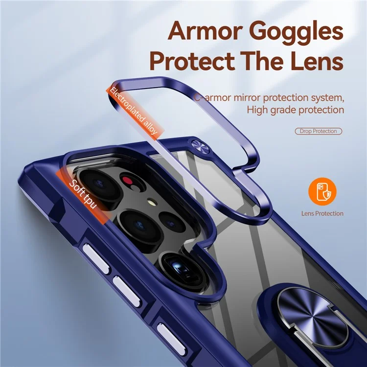 For Samsung Galaxy S23 Ultra Metal Ring Kickstand Protective Case PC + TPU Shockproof Phone Back Cover - Blue