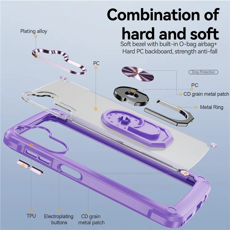 For Samsung Galaxy A14 5G / A14 4G Electroplated Protective Back Case PC + TPU Shockproof Cover with Metal Ring Kickstand - Purple