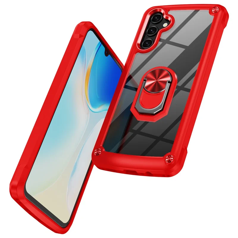 For Samsung Galaxy A14 5G / A14 4G Electroplated Protective Back Case PC + TPU Shockproof Cover with Metal Ring Kickstand - Red