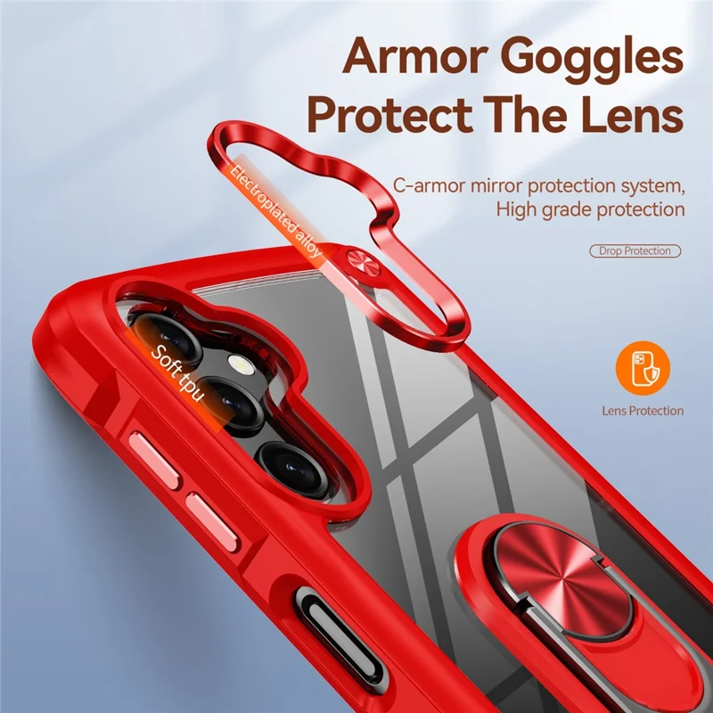 For Samsung Galaxy A14 5G / A14 4G Electroplated Protective Back Case PC + TPU Shockproof Cover with Metal Ring Kickstand - Red