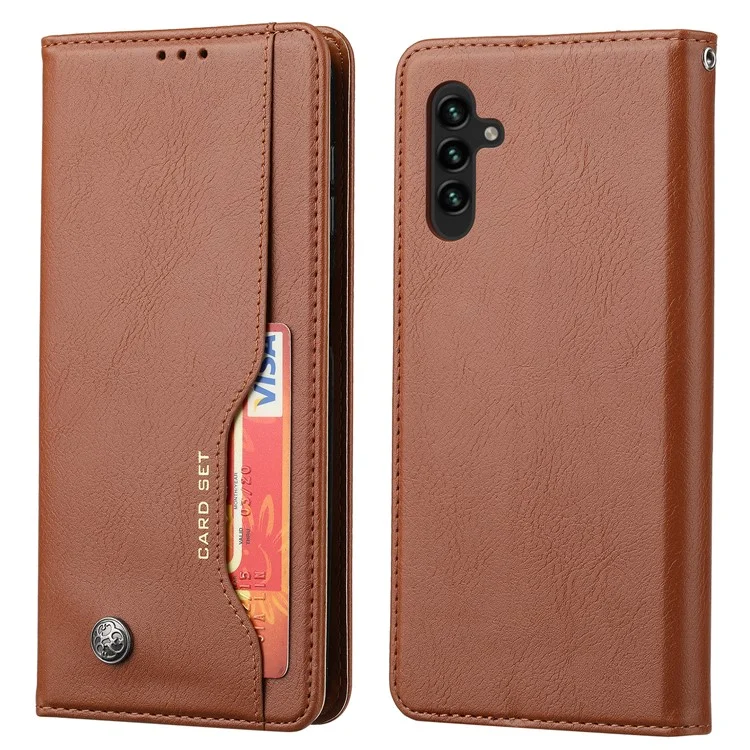 For Samsung Galaxy A14 5G / 4G Outer Card Slot PU Leather Case Magnetic Auto-absorbed Wallet Stand Phone Cover - Brown