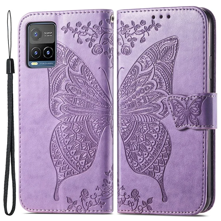 Pour vivo Y21 / Y21s / Y33s Anti-drop PU Leather Phone Case Imprinted Butterfly Pattern Stand Wallet Cell Phone Cover - Light Purple
