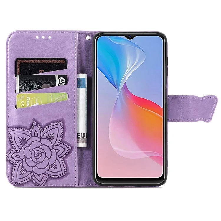 Pour vivo Y21 / Y21s / Y33s Anti-drop PU Leather Phone Case Imprinted Butterfly Pattern Stand Wallet Cell Phone Cover - Light Purple