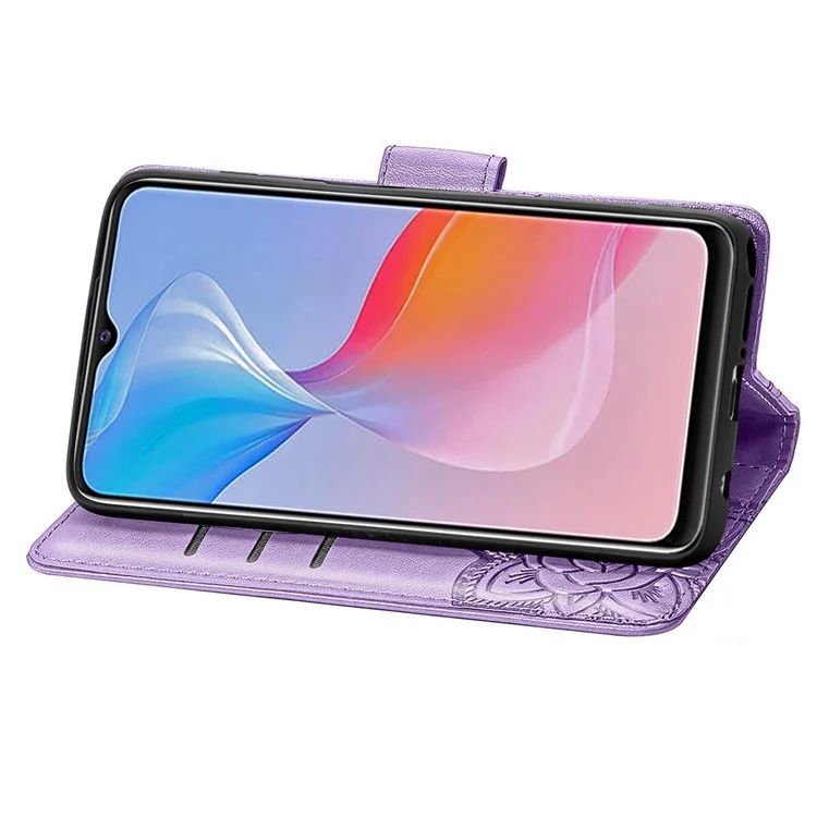 Pour vivo Y21 / Y21s / Y33s Anti-drop PU Leather Phone Case Imprinted Butterfly Pattern Stand Wallet Cell Phone Cover - Light Purple
