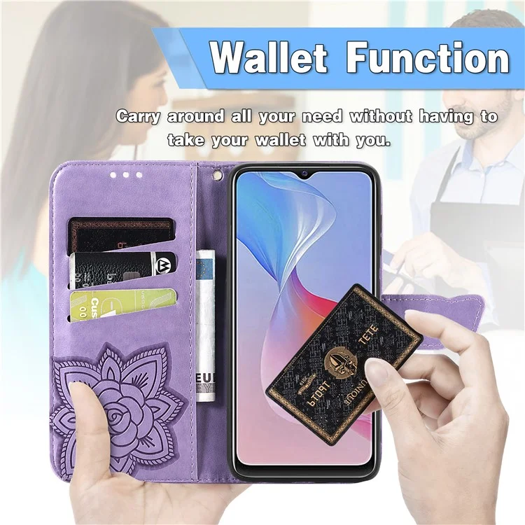 Pour vivo Y21 / Y21s / Y33s Anti-drop PU Leather Phone Case Imprinted Butterfly Pattern Stand Wallet Cell Phone Cover - Light Purple