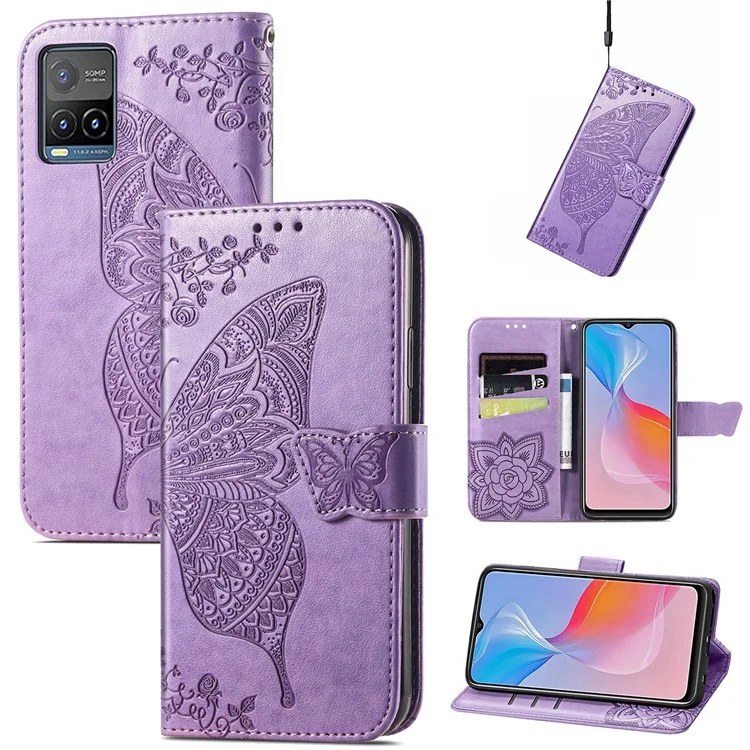 Pour vivo Y21 / Y21s / Y33s Anti-drop PU Leather Phone Case Imprinted Butterfly Pattern Stand Wallet Cell Phone Cover - Light Purple