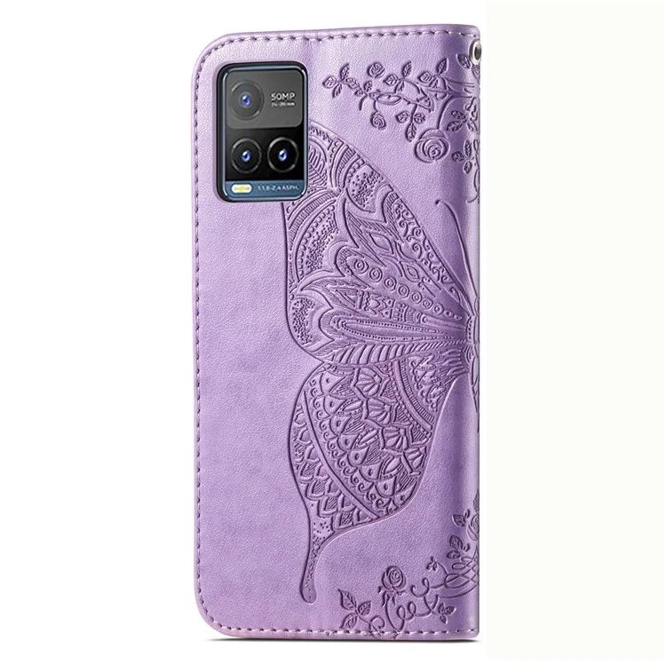 Pour vivo Y21 / Y21s / Y33s Anti-drop PU Leather Phone Case Imprinted Butterfly Pattern Stand Wallet Cell Phone Cover - Light Purple