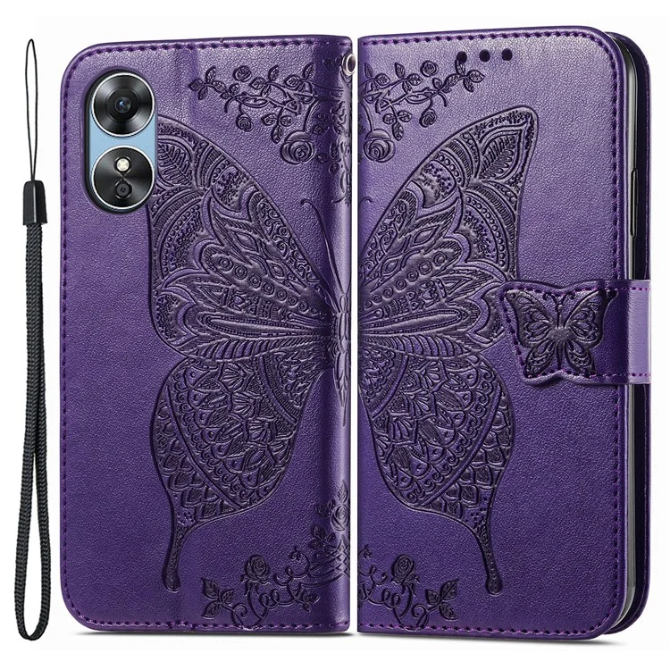 Per Oppo A17 4G / A17k 4G Protezione completa Custodia in pelle PU Caso di telefono con motivo a farfalla stampato Portafoglio Flip Chiusura magnetica Antigraffio Custodia per telefono - Viola